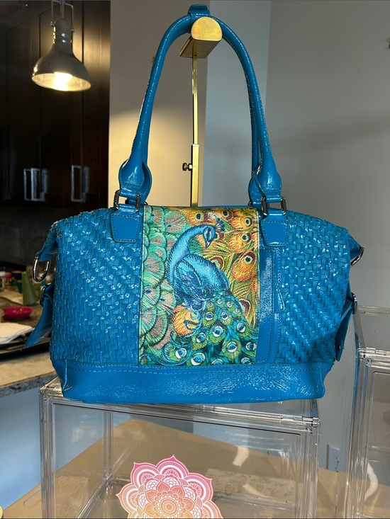 Sharif Handbags - Sharif Turquoise Cross Stitch Peacock Woven Leather Satchel 14”x 4”x 10.5” EUC